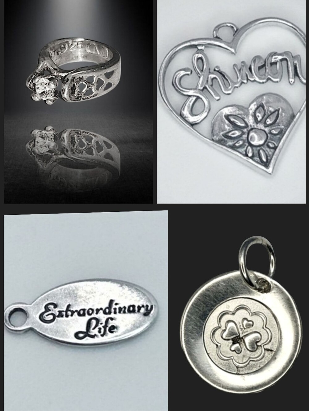4 Sterling Silver Charms Pendants Milor Heart Flower Clover CZ 925